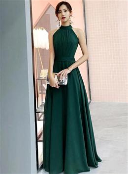 Picture of Dark Green Chiffon Halter Floor Length Wedding Party Dresses, Green Long Prom Dresses